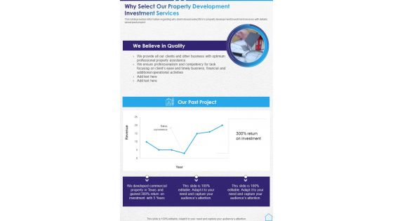 Why Select Our Property Development Investment Services One Pager Sample Example Document