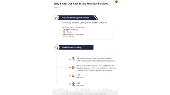 Why Select Our Real Estate Proposal Services One Pager Sample Example Document