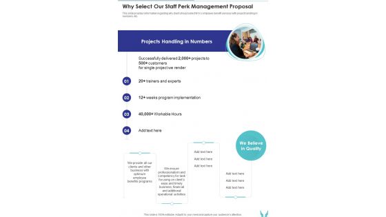 Why Select Our Staff Perk Management Proposal One Pager Sample Example Document