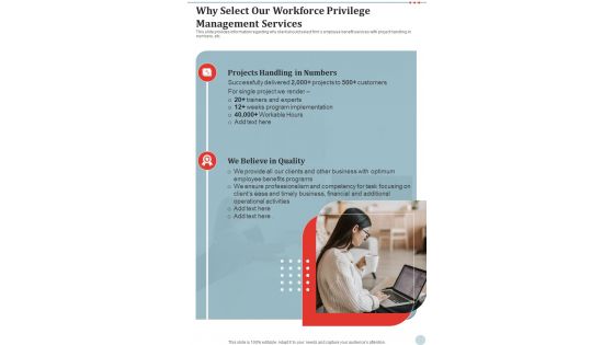Why Select Our Workforce Privilege Management Services One Pager Sample Example Document