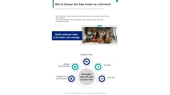 Why To Choose Our Data Center As A Services One Pager Sample Example Document
