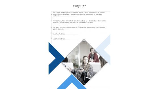 Why Us B2b Content Marketing Proposal One Pager Sample Example Document