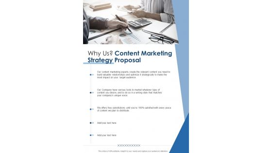 Why Us Content Marketing Strategy Proposal One Pager Sample Example Document