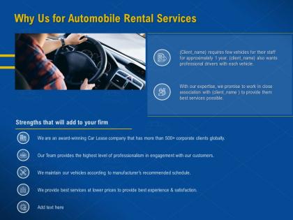 Why us for automobile rental services award winning ppt presentation summary grid