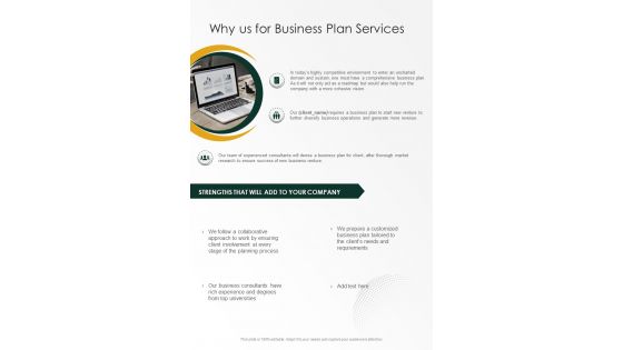 Why Us For Business Plan Services One Pager Sample Example Document