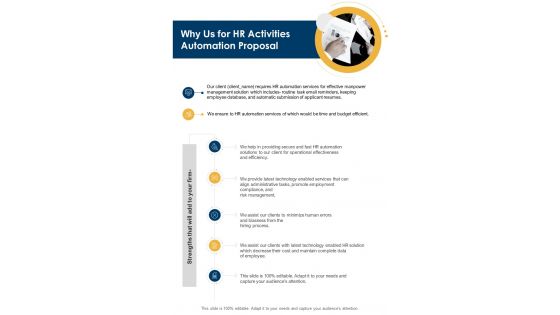 Why Us For HR Activities Automation Proposal One Pager Sample Example Document