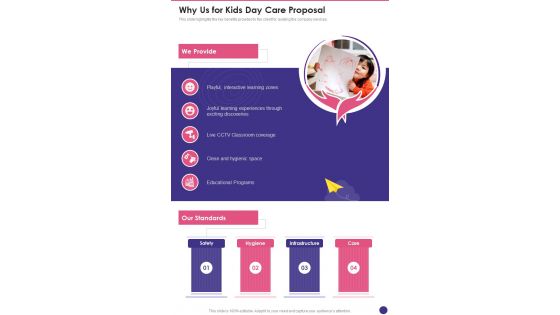 Why Us For Kids Day Care Proposal One Pager Sample Example Document