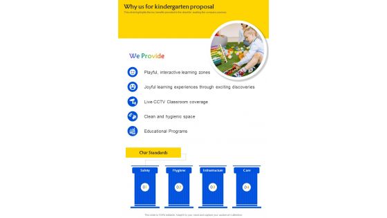 Why Us For Kindergarten Proposal One Pager Sample Example Document