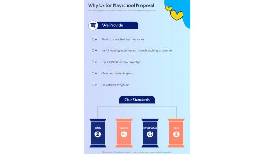 Why Us For Playschool Proposal One Pager Sample Example Document