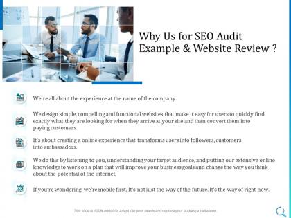 Why us for seo audit example and website review ppt powerpoint icon objects