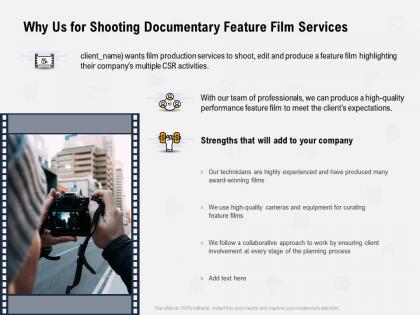 Why us for shooting documentary feature film services award winning ppt powerpoint presentation show
