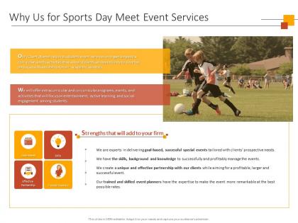 Why us for sports day meet event services ppt powerpoint presentation backgrounds