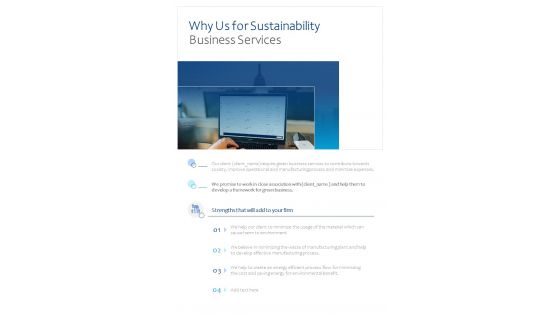 Why Us For Sustainability Business Services One Pager Sample Example Document
