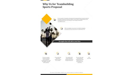 Why Us For Teambuilding Sports Proposal One Pager Sample Example Document