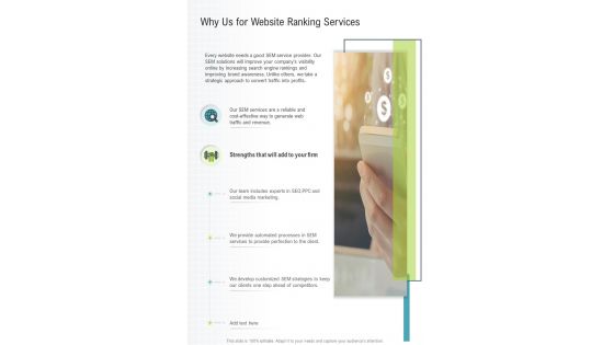 Why Us For Website Ranking Services One Pager Sample Example Document