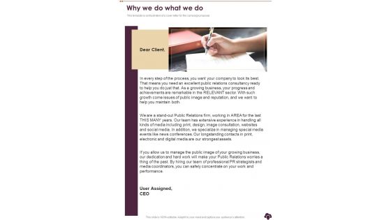 Why We Do What We Do Campaign Proposal Sample One Pager Sample Example Document