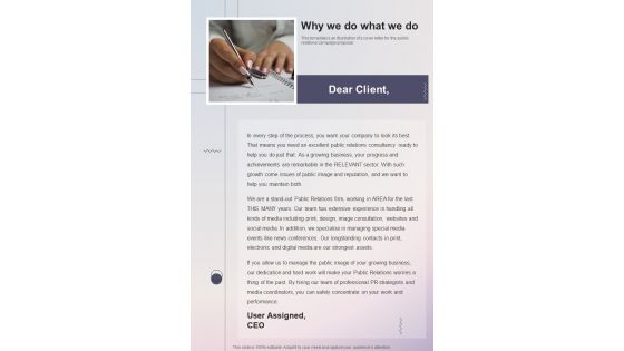 Why We Do What We Do Pr Proposal One Pager Sample Example Document