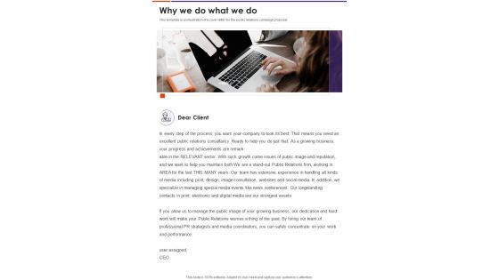 Why We Do What We Do Public Relations Campaign Proposal One Pager Sample Example Document