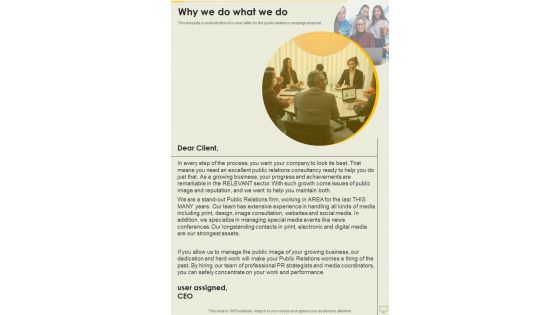 Why We Do What We Do Public Relations Plan Proposal One Pager Sample Example Document
