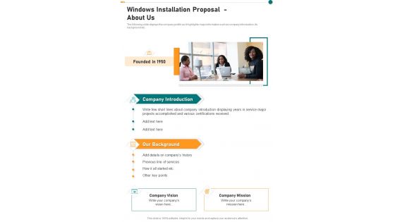 Windows Installation Proposal About Us One Pager Sample Example Document