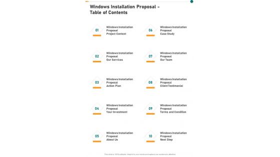 Windows Installation Proposal Table Of Contents One Pager Sample Example Document