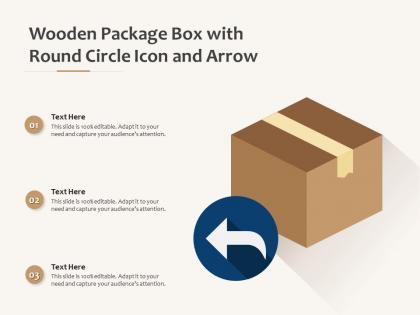 Wooden package box with round circle icon and arrow