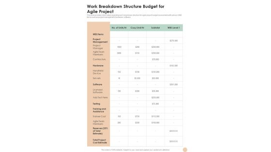 Work Breakdown Structure Budget For Agile Project One Pager Sample Example Document