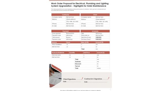 Work Order Proposal Electrical Plumbing Highlights Hotel Maintenance One Pager Sample Example Document