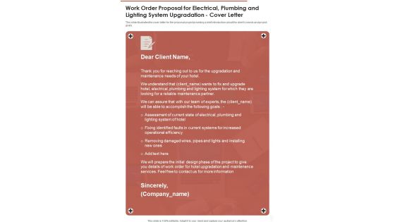 Work Order Proposal For Electrical Plumbing Cover Letter One Pager Sample Example Document