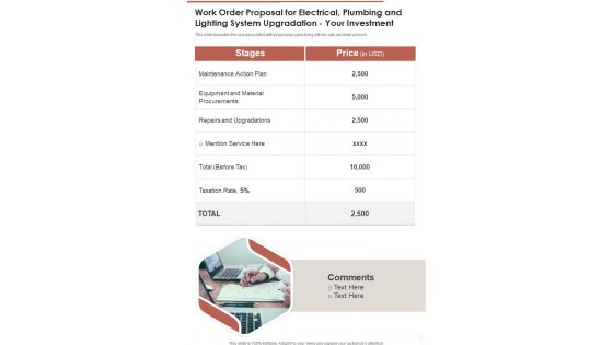 Work Order Proposal For Electrical Plumbing Your Investment One Pager Sample Example Document