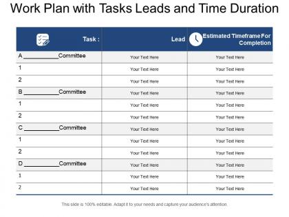 Work plan with tasks leads and time duration