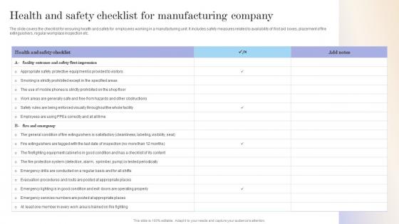 Workforce Optimization Health And Safety Checklist For Manufacturing Company