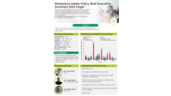 Workplace Safety Policy Brief Executive Summary One Pager Presentation Report Infographic PPT PDF Document