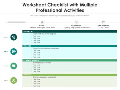 Worksheet checklist with multiple professional activities