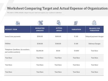 Worksheet comparing target and actual expense of organization