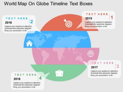 World map on globe timeline text boxes flat powerpoint design