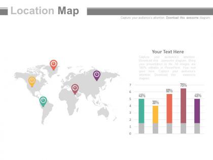 World map with bar graph result analysis powerpoint slides