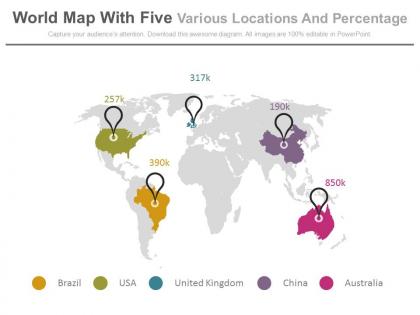 World map with five various locations and percentage powerpoint slides