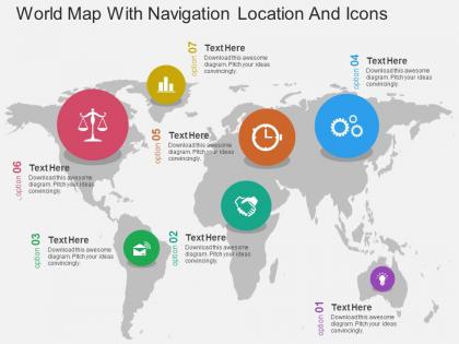World map with navigation location and icons flat powerpoint design
