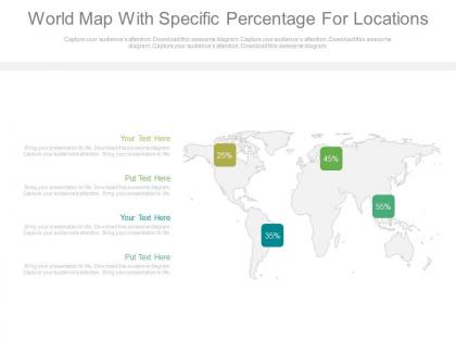 World map with specific percentage for locations powerpoint slides