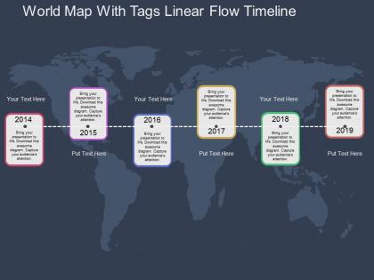World map with tags linear flow timeline flat powerpoint design