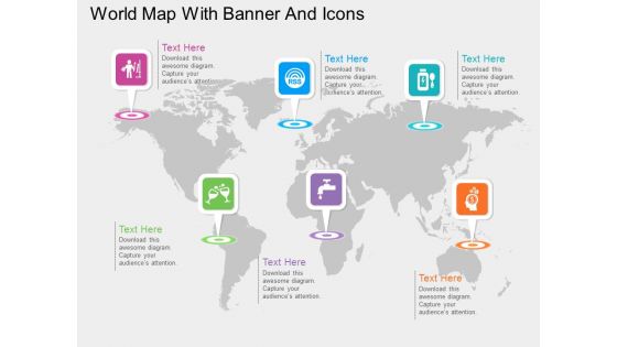 World map with various banners and icons ppt presentation slides