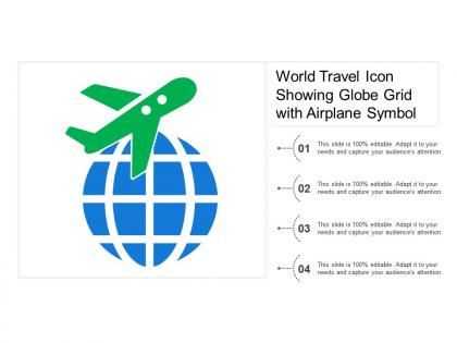 World travel icon showing globe grid with airplane symbol