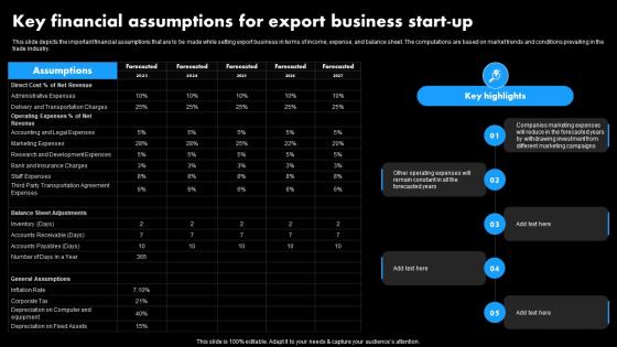 Worldwide Distribution Business Plan Key Financial Assumptions For Export Business Start Up BP SS