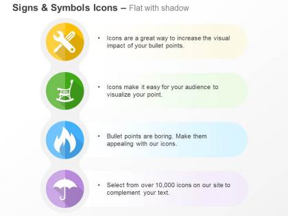 Wrench screwdriver chair flame umbrella ppt icons graphics