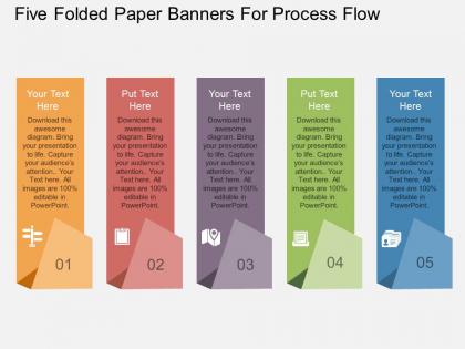 Wt five folded paper banners for process flow flat powerpoint design