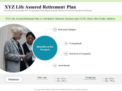 Xyz life assured retirement plan investment plans ppt inspiration graphics template