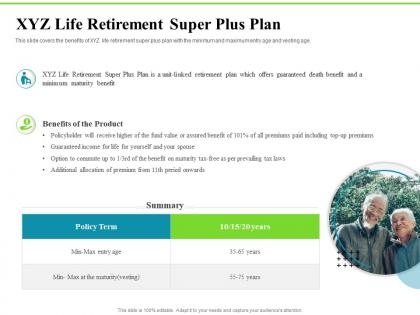 Xyz life retirement super plus plan investment plans ppt inspiration slideshow