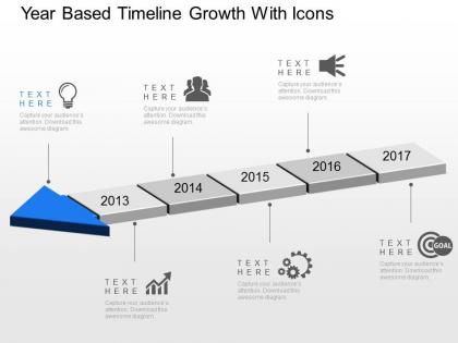 Year based timeline growth with icons powerpoint template slide