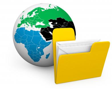 Yellow folder with white envelopes to show global data stock photo